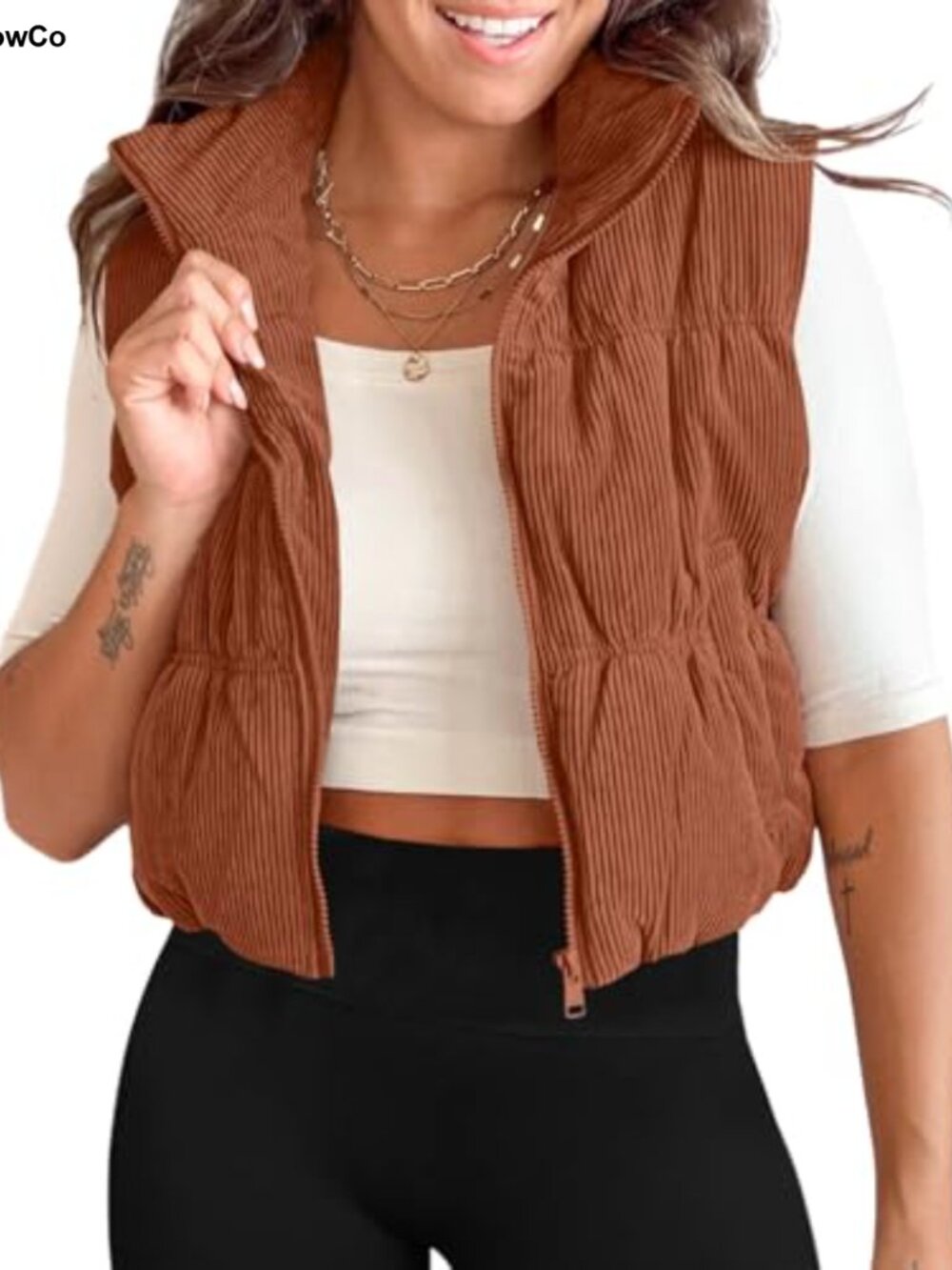 Cropped Puffer Vest Corduroy Lightweight Sleeveless Padded Zip Up Warm